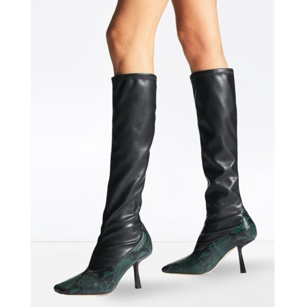 Jimmy Choo Black Leather Over-the-Knee Boots with Green Snakeskin Toe & Heel